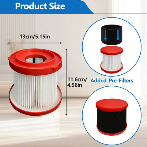 2 Pack 49-90-1900 Wet Dry Vacuum HEPA Filter Replacement For M18 Fuel Cordless Vacuums shown with size and foam sleeves.