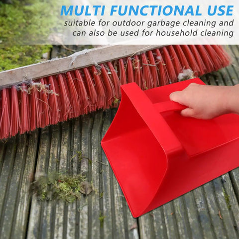 Red handheld dustpan used for outdoor cleaning with broom, Handheld Dustpan And Scoop Shovel Grab And Go Cleanup Lightweight Plastic Trash Shovel With Wide 9.65 By 8.07 Inch Scoop Easy Grip Ergonomic Design For Home And Outdoor Cleaning.