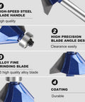 45 Degree Chamfer Router Bit Set For Woodworking, 1/4 Inch Shank, close-up of high precision blade and alloy grinding blade