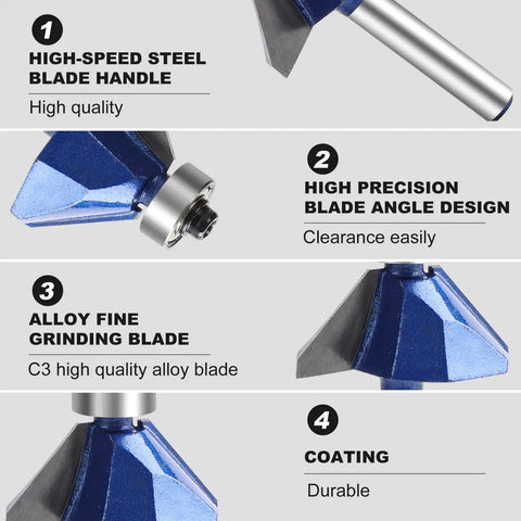 45 Degree Chamfer Router Bit Set For Woodworking, 1/4 Inch Shank, close-up of high precision blade and alloy grinding blade