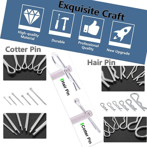 Do It All Cotter Pins And Hair Pins Kit 300 Pcs Zinc Plated Steel Fastener Set In A Handy Plastic Box Multiple Sizes For Auto Home And DIY Repairs For Projects And Everyday Maintenance, showing various pins and tools.
