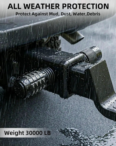 Keyless Trailer Hitch Lock For Two Inch Receivers Five Eighths Inch Pin in rain showing weatherproof protection
