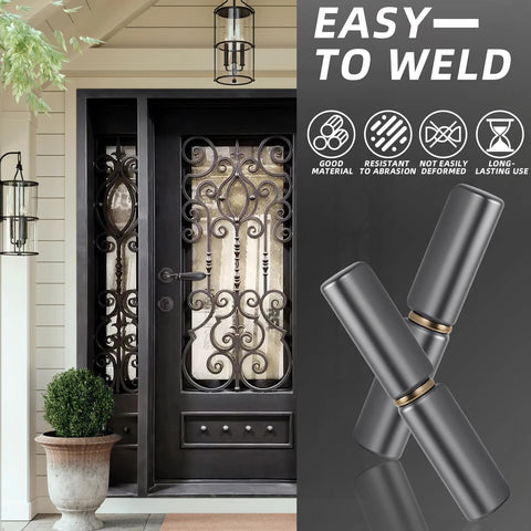 Heavy Duty Weld On Barrel Hinge Set Of 4 For Metal Swing Doors displayed beside ornate door, carbon steel material visible.