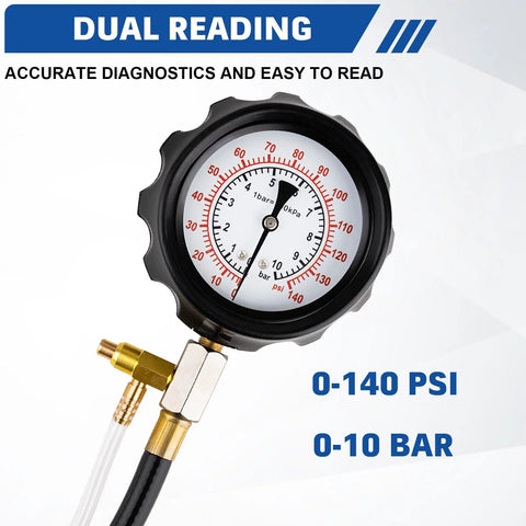Jiimee 0-140 PSI fuel pressure tester gauge kit with brass adapters and dual hoses