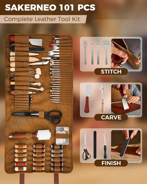 Your Go To Leather Working Starter Kit With 101 Pieces Stainless Steel And Wood Handle Tools For DIY Wallets Belts And Bags Repair