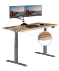Heavy Duty Dual Motor Electric Standing Desk With Smooth Height Adjustment And Killer Ergonomic Wrist Relief Edge Built On A Solid Frame With Top Shelf Reclaimed Wood Top In Slate For Home Office showcasing dual monitors and ergonomic details.