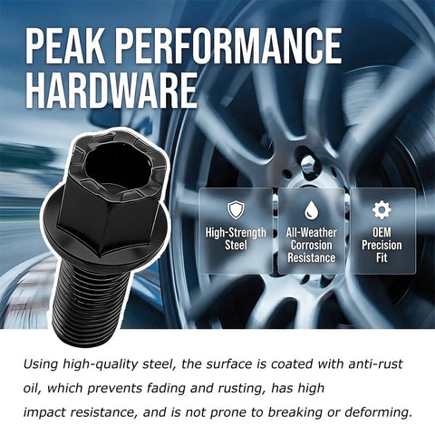High Carbon Steel Wheel Bolts M14 X 1.5 Thread Pitch Black Coated close-up showing heavy duty design for sedans and trucks.