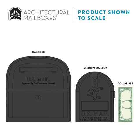 Size comparison of Oasis 360 Locking Parcel Mailbox Extra Large with medium mailbox and dollar bill for scale.