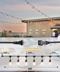 48 Ft Outdoor String Lights With 15 Shatterproof Bulbs 2W Commercial Grade Warm White 2700K IP65 Waterproof Patio Bistro Cafe Market Outdoor Lighting for Backyard, Porch, and Party Vibes showcasing connectable feature and arrangement.