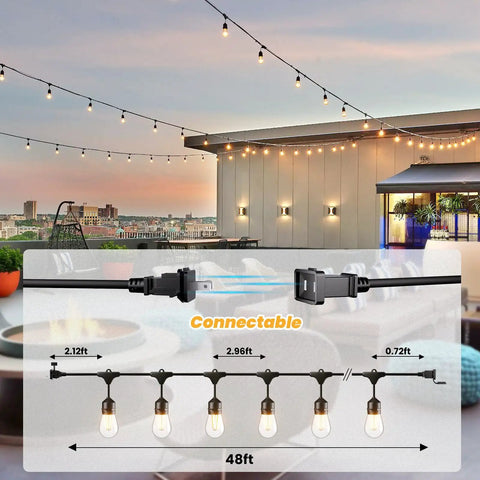 48 Ft Outdoor String Lights With 15 Shatterproof Bulbs 2W Commercial Grade Warm White 2700K IP65 Waterproof Patio Bistro Cafe Market Outdoor Lighting for Backyard, Porch, and Party Vibes showcasing connectable feature and arrangement.