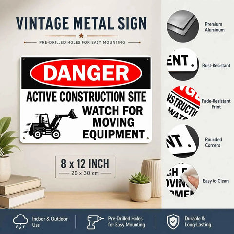 Heads Up Construction Site Sign Aluminum 8x12 Inch Watch For Moving Equipment Warning Sign for Work Zones details