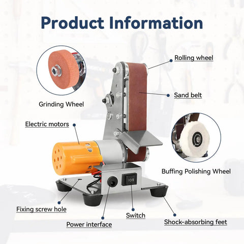 Robust Mini Belt Sander And Electric Grinder With 7 Adjustable Speeds Heavy Duty Bench Grinder showing parts like grinding wheel and electric motor.
