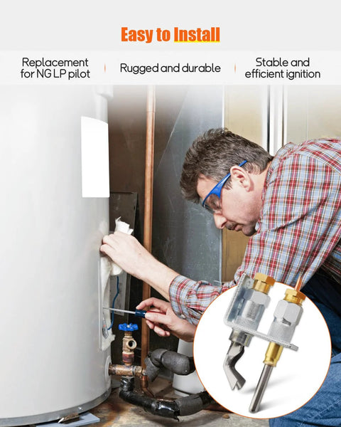 Pilot burner with thermocouple assembly installed beside a water heater; technician at work