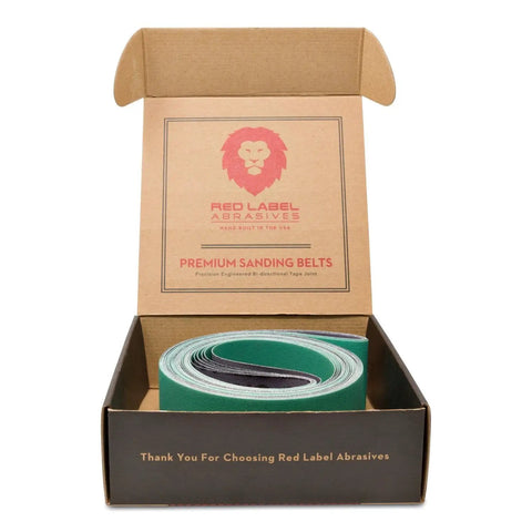 Open box with 2 By 72 Inch 220 Grit Ceramic Sanding Belts For Metal Grinding And Deburring, Extra Long Life, six-pack visible