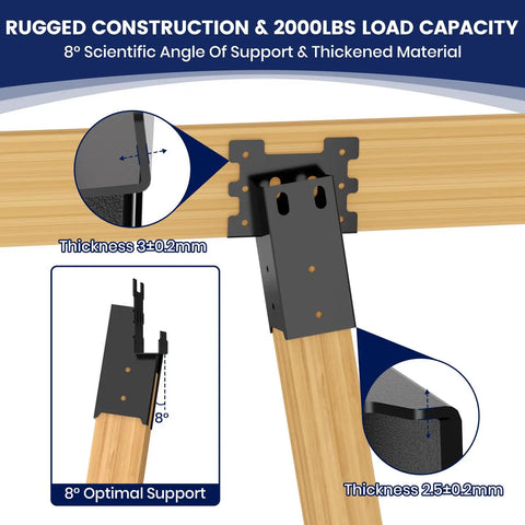 Beefy Heavy Duty Deer Stand Brackets With 2000 LB Lift Capacity, 4x4 Compound Angle Mounts, Powder Coated Black, Elevation Brackets For Hunting Platforms, Tree Stands, Shacks And Observation Decks