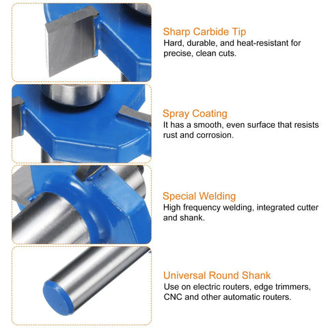 Close-up of T Slot Router Bit With Bearing For Wood, 1/2 Inch Shank, showing sharp carbide tip, spray coating, special welding, universal round shank.