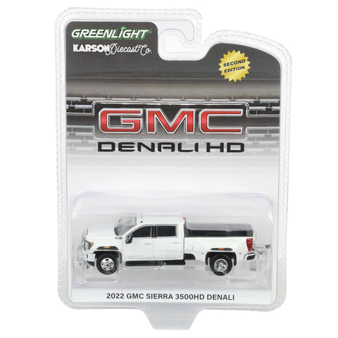 GMC Sierra 3500HD Denali Dually Diecast Truck 1/64 Scale Sick White Frost Exclusive Karson Diecast in packaging, side view.