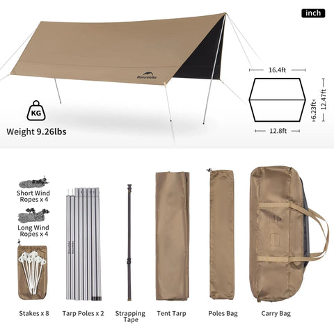Beefy Heavy Duty Camping Tarp Canopy With Poles, Waterproof 18000mm Rain Shelter, UV Blocking UPF2000+ Sun Shade components