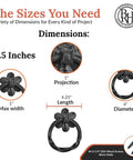 Dimensions diagram of Two Pack Black Ring Pulls Heavy Duty Decorative Iron Ring Handles for Chests Trunks Barn Doors and Cabinets.