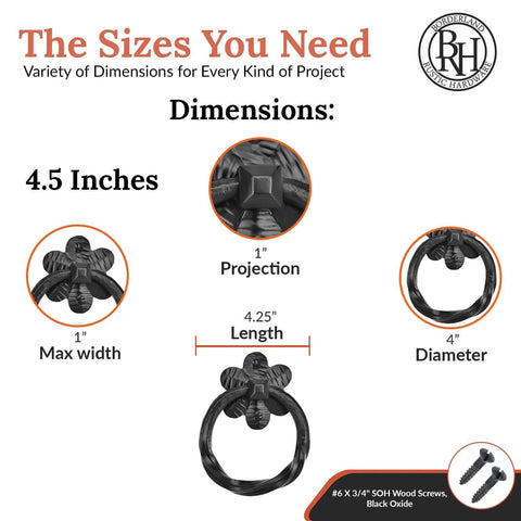 Dimensions diagram of Two Pack Black Ring Pulls Heavy Duty Decorative Iron Ring Handles for Chests Trunks Barn Doors and Cabinets.