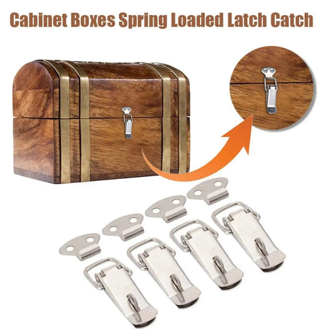 Eight Pack Heavy Duty Door Latches For Cabinets 7.2 By 2.7 Cm Cold Rolled Steel on wooden box shown with latches detail