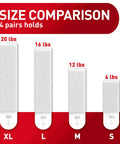 Size comparison of heavy duty large picture frame hanging strips in different weights: 20 lbs, 16 lbs, 12 lbs, 4 lbs.