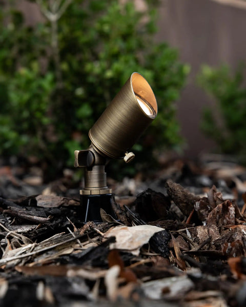 Cast Brass 12V Mini Outdoor Spotlight For Low Voltage Landscape Lighting, 2W 175 Lumen 2700K Warm White MR8 LED Bulb