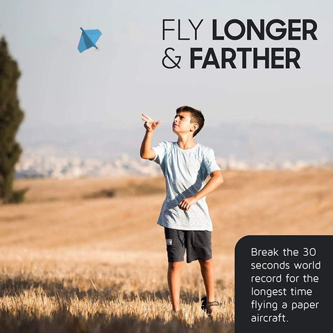 Epic Electric Paper Airplane Launcher Kit For Long-Lasting Flights, DIY Toy Engine Propulsion That Powers Paper Planes To Fly 30 Seconds, Kid-Friendly And Adults Welcome, Blue At Home Or School, boy launching paper plane outdoors