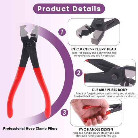 Heavy Duty Multi Purpose Hose Clip Pliers Kit With Small And Large CV Boot Clamps 9Pcs Pro Grade Stainless Steel Crimp Clamp Set. Close-up of pliers features including head, body, and handle design.