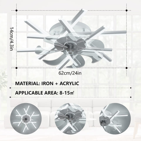 24.4 Inch Ceiling Fan With Lights Remote Dope 3 Color Temperatures 6 Gear Wind Speed Flush Mount Iron Acrylic