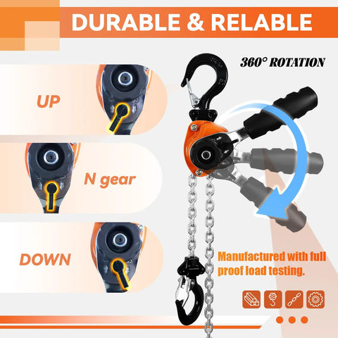TKK mini chain hoist, 1/4 ton, orange alloy steel body, 5 ft lift, 2 heavy-duty hooks