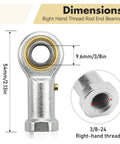 Beefy Heavy Duty PHSB6 Rod End Bearings Pack of 4 Pre Lubricated 3/8 Inch Bore with 3/8-24 Right Hand Female Thread Ideal for Hydraulic Cylinders CNC Machines Power Tools and Industrial Equipment dimensioned steel rod end bearing, 3/8 bore, 3/8-24 RH thread