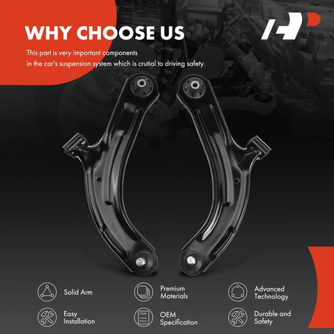 Front Lower Control Arm Set With Ball Joint And Bushing For Nissan Versa 2007 To 2012 And Cube 2009 To 2014 Driver And Passenger Side Two Pack Ready To Roll in black metal on display
