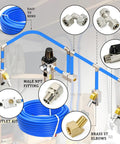 Master Kit For RapidAir Maxline One Half Inch Air Compressor Line System With 100 Feet Tubing And Full Fitting Set Easy High Flow Shop Air Upgrade For Quick Reliable Air Runs Plug In And Play displayed with blue tubing, tee fittings, and brass elbows.