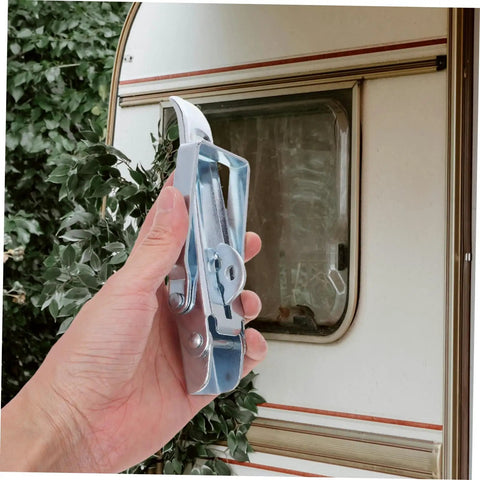 Hand holding Heavy Duty Adjustable Draw Latch for RVs Trailers and Toolboxes near RV window, easy install locking mechanism