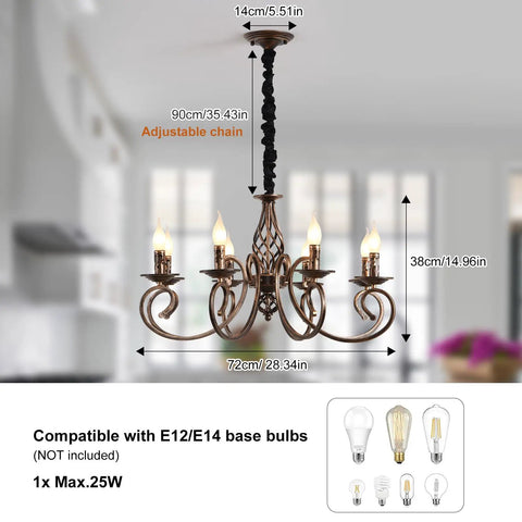 Rustic 8 Light Candle Chandelier In Vintage Iron With French Country Charm Farmhouse Pendant Light For Kitchen Island Dining Room And Bedroom Fully Dimmable Adjustable 35.4 Inch Chain Black Chain Cover Included shown hanging
