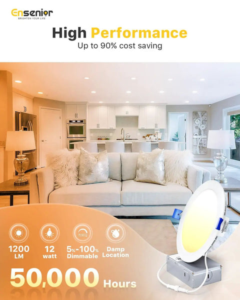 48 Pack Slick 6 Inch LED Recessed Lights Delivering Hella Bright Output With Sleek Canless Wafer Design For Dead Simple Cut In Install And Smooth Fifty To Hundred Percent Dimmable Functionality in modern living room setting.