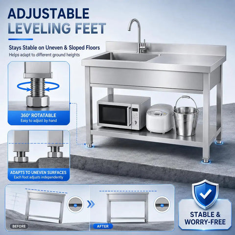 Workhorse Utility Sink With Built In Workbench And Hot Cold Mixer Faucet In Stainless Steel showcasing adjustable leveling feet