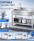 Freestanding Utility Sink With 40 By 21 By 40 Stainless Steel, NSF Certified, showing adjustable leveling feet and storage shelf