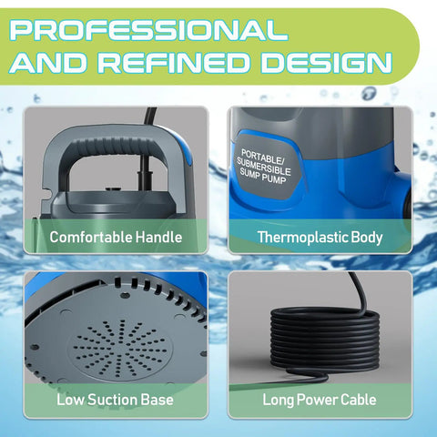 1HP Submersible Sump Pump 3700GPH Portable Electric Water Transfer Pump features handle, thermoplastic body, suction base, power cable.