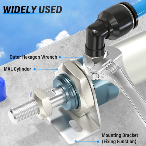 Elbow Push To Connect Fittings 6mm Tube OD M6 Thread 90 Degree Pneumatic Quick Connect in use with MAL cylinder and wrench.