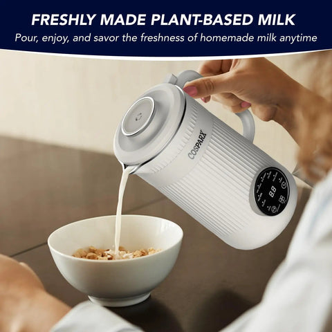 8 In 1 Nut Milk Maker Blender 32oz Capacity for Creamy Soy Almond Oat Coconut and Plant Based Non Dairy Beverages with Delay Start and Keep Warm for Easy Homemade Milks pouring milk