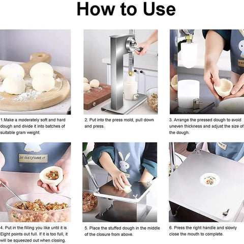 Step-by-step guide for using Baozi Maker Semi Automatic Bun Press With Steel Body, 3 Interchangeable Molds.