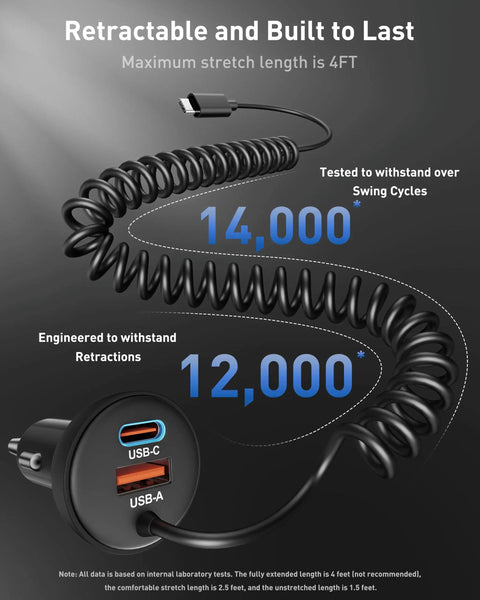 90W Fast USB C Car Charger With 3 Ports And 4ft Coiled Cable For 17e 17 16 15 Pro Max Air Plus And iPad Cigarette Lighter Adapter, spiral design