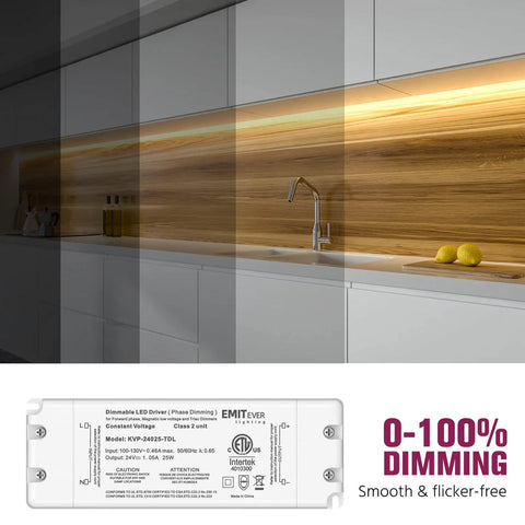 25W Triac Dimmable LED Driver Power Supply 120V AC to 24V DC Transformer for LED Lighting, showing dimming effect in kitchen setup