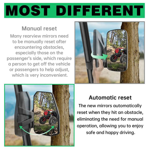 Auto Reset UTV Side Mirrors For 1.5 To 2.0 Inch Roll Cages shown mounted with automatic reset feature label