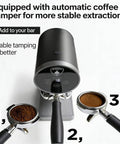 Precision Auto Espresso Tamper 58mm Electric Tamping Station With Smart Pressure Control on countertop with portafilters