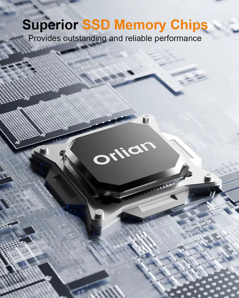 Close-up of a Superior SSD memory chip labeled 'Orlian' on a circuit board, highlighting performance features, for 1TB External Portable SSD With Dual Type C And USB A Ports USB 3.2 Gen 2 Up To 1000MB Per Second Snappy Data Transfer For Phone Android Laptops Windows And Mac Slim Go To Pocket Drive.