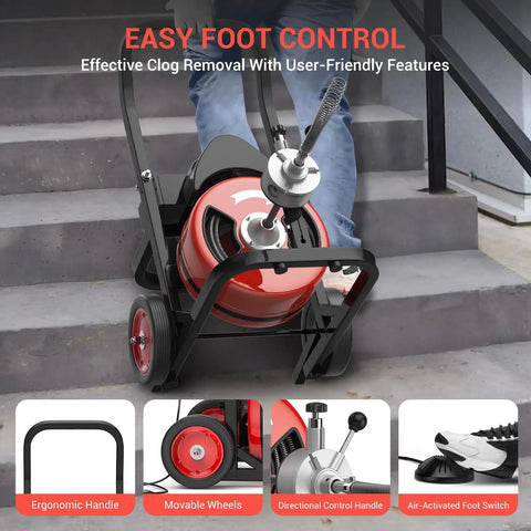 Heavy Duty Electric Drain Snake With 75 Foot Solid Steel Cable And 450 Watt Motor on stairs for easy foot control and maneuverability.
