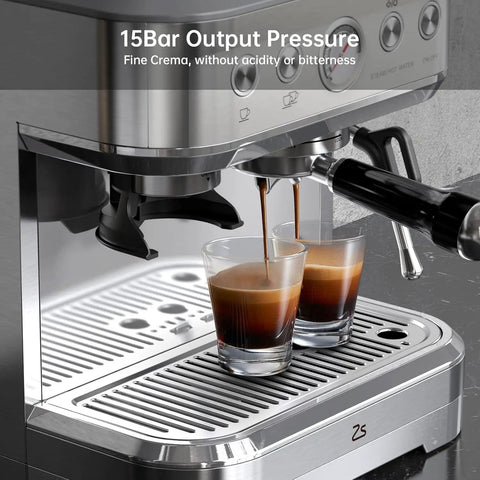 Game Changer Espresso Maker With Adjustable Built In Grinder And Auto Milk Frother For Rich Full Body Shots And Smooth Pre Infusion Brewing Daily At Home, brewing espresso into two glasses.